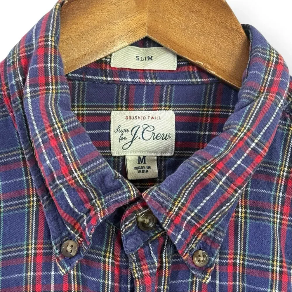 J.Crew Mens Slim Fit Brushed Twill Plaid Button Down Shirt Navy Blue Red M
